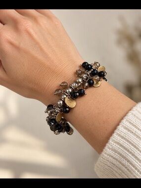 Black Beaded Mixed Metal Cluster Charm Stretch Bracelet Boho